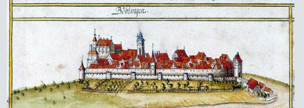 Stadtansicht Böblingen aus dem 17. Jahrhundert - Stich coloriert
